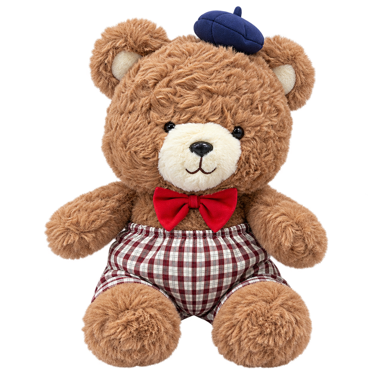Cute Brown Teddy Bear with Beret & Checkered Outfit