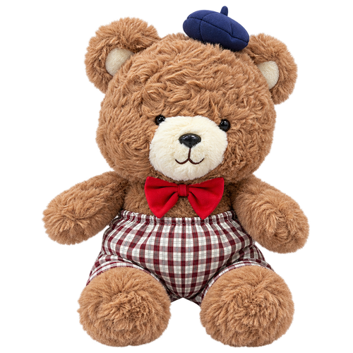 Cute Brown Teddy Bear with Beret & Checkered Outfit